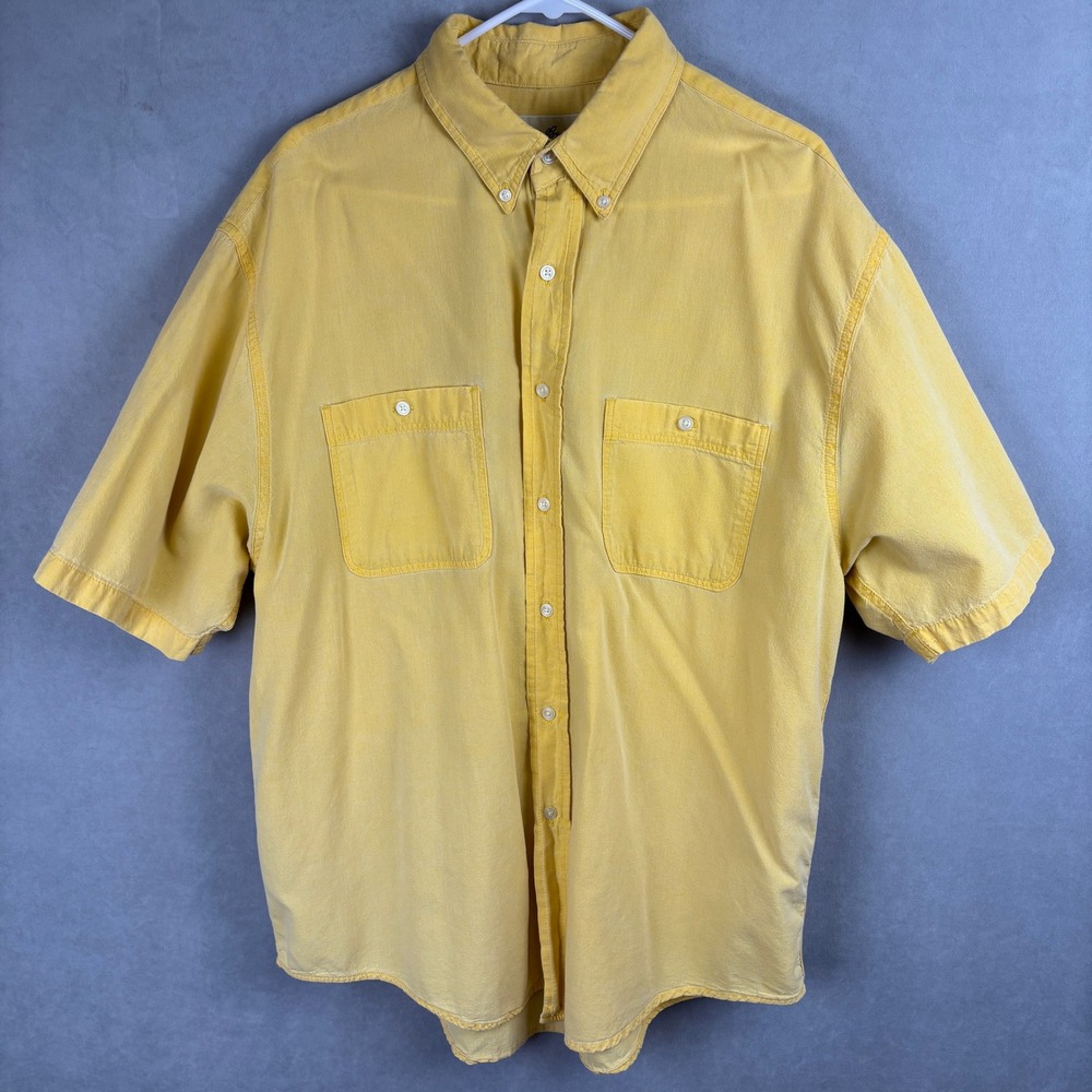 VTG Eddie Bauer Mens L Yellow S/S Cotton Button Down Shirt Pockets Preppy Camp